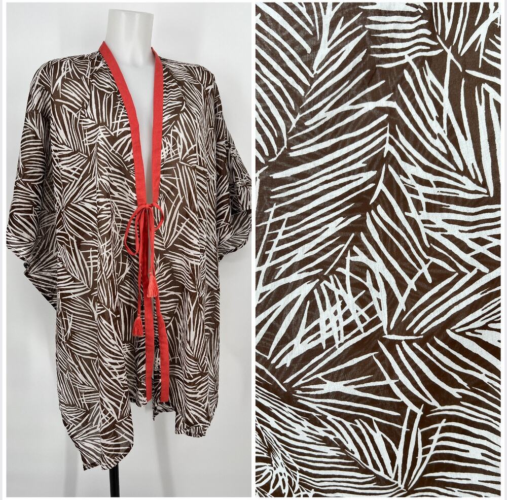 Helen Jon Open Front Caftan Paradise Palms M/L NEW Brown Coral Cotton Cover Up